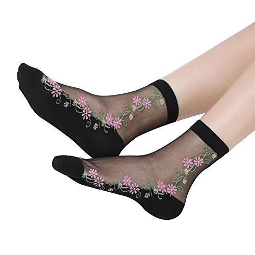 Blue Vessel Frauen Rüschen Fischnetz Söckchen Mesh Spitze Fisch Net Short Socken mit Stickerei Blume (D)