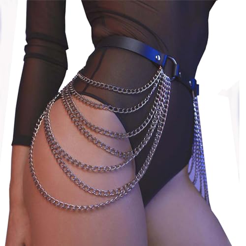 Damen Harness Leder Sexy Punk Taillenketten Damen Punk Leder Bein Harness Body Geschirre SM Einstellbare Mode Oberschenkel Ketten Strand Rave Party Nachtclub Taille Gürtel Körper Harness Kettengürtel