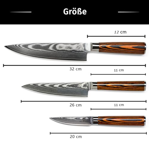 Damastmesser-Set Wolfblood 3er mit 32cm, 26cm und 20cm Klingenlängen