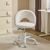 VINGLI Small Vanity Chair with Wheels for Girls.Cute Modern Adjustable Height Armless Office Desk Chair.360°Swivel Comfy Rolling Chair for Study, Make up Room,Small Space,Linen White