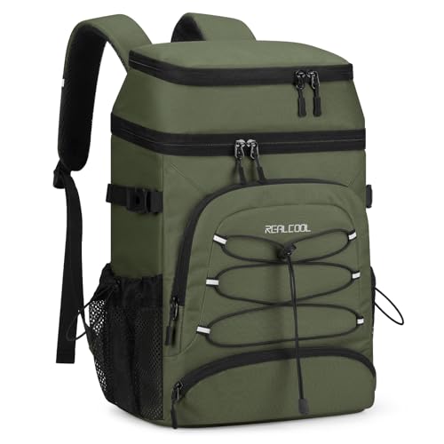 Realcool Backpack Cooler,33 Cans Insulated Leakproof Soft Cooler Bag Lightweight Camping Beach Lunch Backpack for Men Women,23L,Army Green