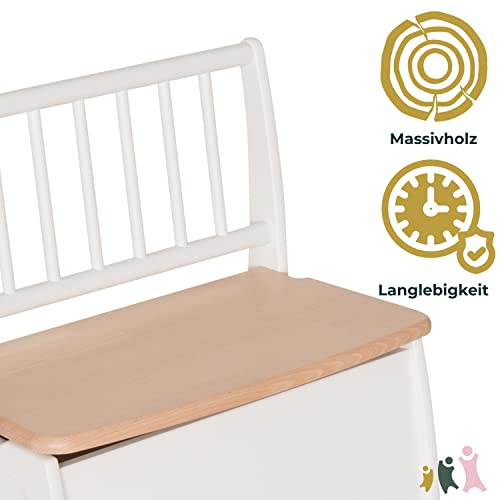 Geuther Truhenbank Bambino Sitzbank mit Stauraum Spielzeugkiste aus massivem Holz Sitztruhe mit Deckelbremse Kindgerechte Farben Ideales Kinderzimmerzubehör bis 6 Jahre Weiß/Natur