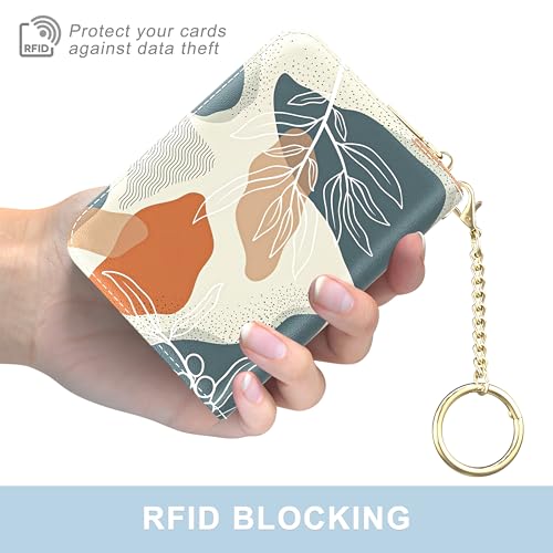 Image of Aiawoxc Credit Card Holder, Small RFID Wallet Slim Leather Card Organizer Case with Zipper and Wristlet Strap, Abstract Boho Leaf