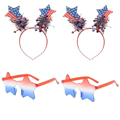 YosiMing 4th of July Headband, Star Sunglasses, Independence Day Accessories, Blue Red White Patriotic Ribbon Hairband Decoration for Women