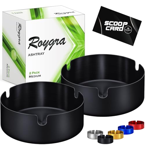 roygra Ash Tray (2 Pack), Outdoor Ashtray for Outside Patio, Stainless Steel Ashtrays for Cigarettes with 3 Holder, Smoking Accessories, Home Décor, Ashtrays for Smokers Indoor - Black, Medium