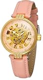 MASTOP Women Rhinestone Skeleton Watch Stainless Steel Automatic Mechanical Wristwatch Leather Strap for Ladies (Pink)