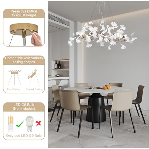 Image of Modern Chandeliers for Dining Room - 39inch Ceramic Ginkgo Leaf Chandelier Rectangle Brass Chandelier Luxury Art Deco Handing Lights Fixture for Living Room Bedroom Kitchen Island, 5-Light