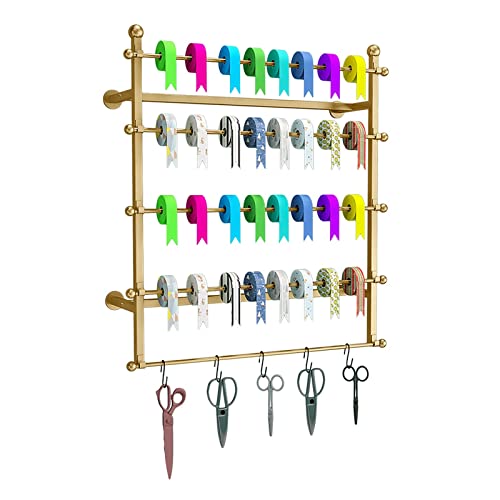 UWYTGF 80Cm/31.4In Tall Ribbon Storage Rack for Flower/Gift Store,Multi-Layer Metal Silk Scarf Holder with Removable Cross Bar,Wall Mounted,Gold,Length,100Cm/39.3In