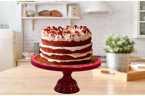 Image of Red Metal Cake Stand Pedestal | Round Non-Revolving Dessert Display | 9 inch Diameter Top | Birthday, Wedding & Party Cake Holder