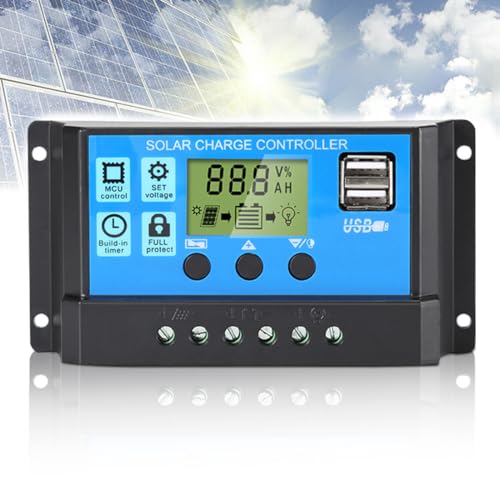 Anern 30A PWM Controlador De Carga Solar 12V/24V Controlador de Carga Solar Carga de Regulación con Pantalla LCD y Doble Puerto 5V USB Regulador Solar