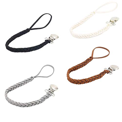 AIM Cloudbed Dummy Clips Baby Dummy Chain, Porta de chupete de gamuza trenzada hecha a mano para todos los chupetes para niños y niñas (Negro/Marrón/Gris/Blanco)