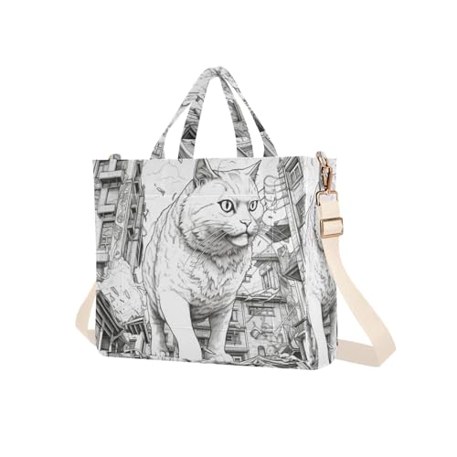 Corduroy Women Tote Bag Huge Cat Drawing Print, Handbag Purses with Detachable Strap Small Size2