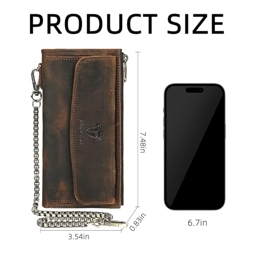 Image of Genuine Crazy Horse Leather Travel Gift Coin Pocket Card Case Long Organizer Chain Rfid Wallet Purse With Snap For Men Male 1803 1815 (6032 brown)