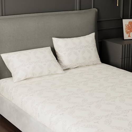 Image of BLISSHOME Everlast 150TC King Size Fitted Bedsheet with 2 Pillow Covers, Aesthetic Bedding, Wrinkle Resistant, 100+ Wash Durable, Quick Dry, Elegant Ornate Pattern - Brown (183cm x 198cm + 25cm Drop)