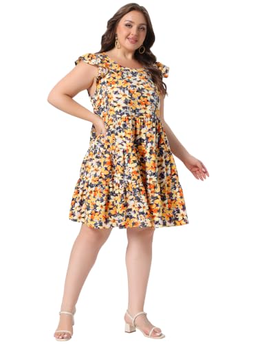 Image of Agnes Orinda Plus Size Summer Dress for Women Boho Flutter Sleeves Round Neck Floral Print Tiered Babydoll Ruffle Dresses
