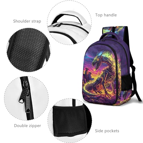 Gothic Dragon Backpack for Boys Girls, Skeleton Dragon Roaring Backpack Colorful Hippie Fire Dragon Anime Style Kids Backpack, Children Travel Laptop Backpack, 16.5 Inch3