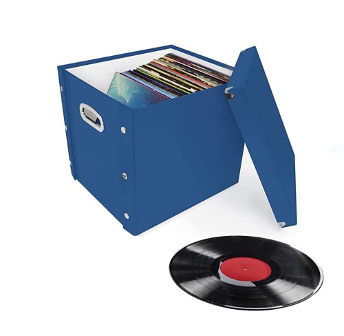 Snap-N-Store Vinyl Record Storage Box - Pack of 1 - 13.2 x 12.625 x 12.5 Inch LP Holder with Lid for 12-inch Records - Crate Holds up to 75 Vinyl Albums - Classic Blue