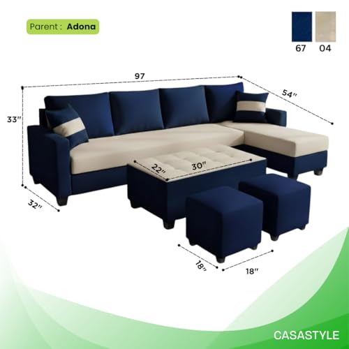 Image of CASASTYLE Adonway 8 Seater Fabric RHS L Shape Sofa Set (Cream-Dark Blue) Premium Velvet Finish | Ideal for Living Rooms