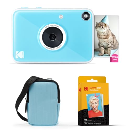 Kodak Printomatic+ Cámara Digital Instantánea 10MP Paquete de Inicio (Azul) con Funda, LED RGB y Papel Zink 20 Hojas – Azul