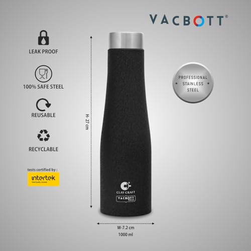 Image of Clay Craft Vacbott Petra Single Walled Non Insulated Water Bottle, 1000 ml - 1 Piece (Black) Steel Water Bottles for School, Office, Home, Gym, Water Bottle for Men Leakproof, Rust Free Steel Bottle