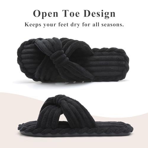 Slippers for Women Memory Foam Bow Cross Band Open Toe Corduroy House Shoes Bedroom Spa Indoor Comfy3