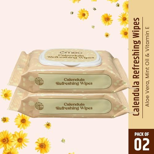 Image of Omeo Calendula Refreshing & Hydrating Wet Wipes, 25N in Each (Pack of 2) | Face Cleansing, Makeup Remover Wipes with Mint Oil & Vitamin E | Sulphate, Paraben & Alcohol Free - Women and Men