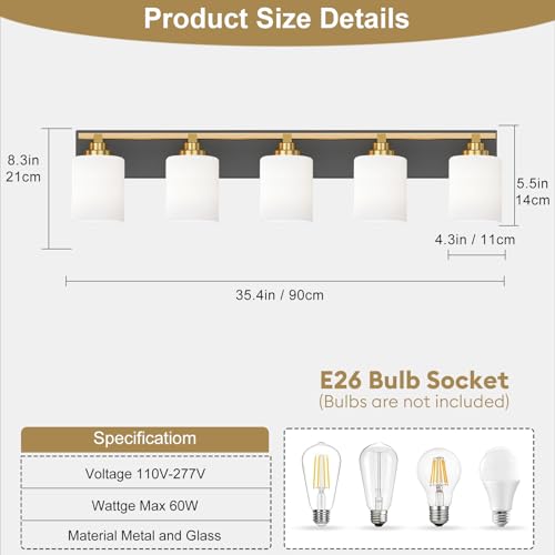 Image of Modern Bathroom Lighting Fixtures Over Mirror, Vanity Lights for Bathroom, Wall Sconces with Milky White Glass Shades, E26 Ceramic Socket, 5-Light 35.4-inch Black and Gold