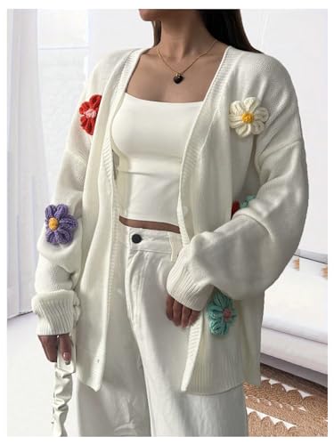 Image of MakeMeChic Women's Plus Size Appliques Flower Button Down Cardigan Sweater Long Sleeve Loose Cute Outwear White 1XL