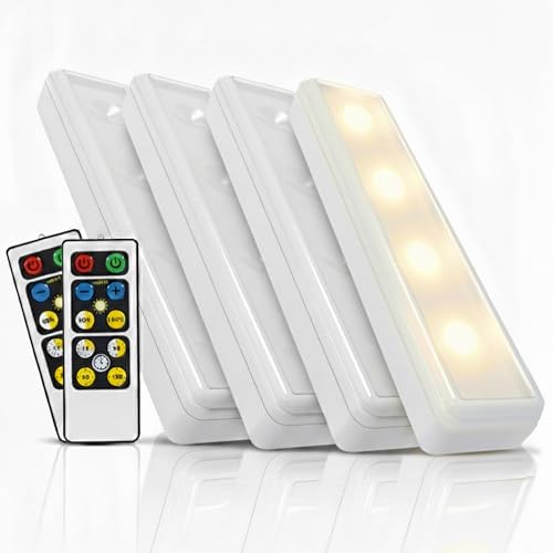 Brilliant Evolution Wireless LED Under Counter Lights with 2 Remote Controls - 4-Pack Battery Operated Under Cabinet Lights Fixtures - Stick On Lights with Timer - 3000K Warm White - 8.5x2x1-Inch