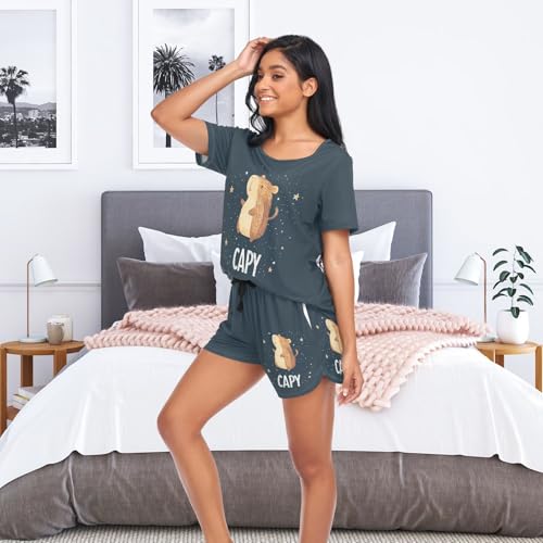 Pyjama capybara contre la chaleur nocturne, ensemble short bleu nuit taille S