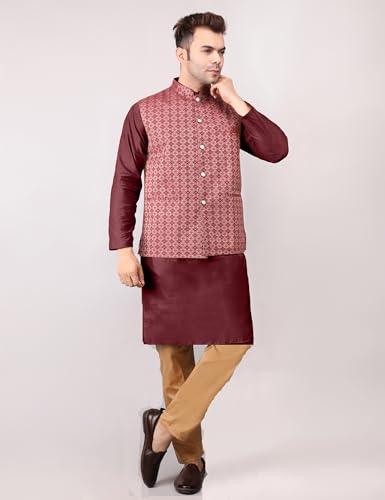 Image of Men's Cotton Silk Blend Regular Kurta Pyjama, Embroidered Nehru Jacket /Waistcoat Set