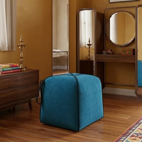 Image of FURNY Signature Cresta Suri Accent Pouf | Boston Fabric | 40D High-Density Foam | (Ocean Blue) | Footrest, Vanity Ottoman & Accent Seat for Home, Office & Hotel
