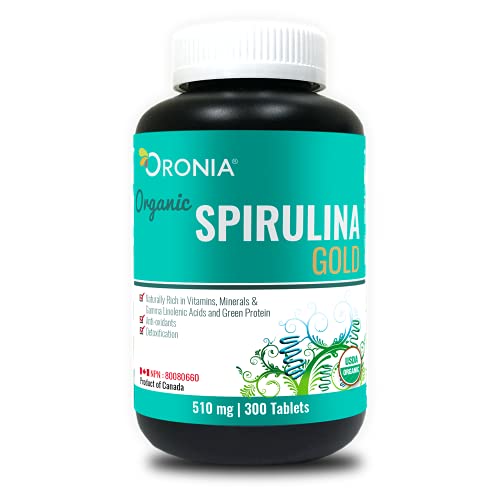 ORONIA Canada Spirulina Gold Tablets â€“ Organic Pure Blue Green Algae Superfood 510 mg 300 Count Antioxidants Health Vegan Protein Fiber Multivitamins Natural Supplement