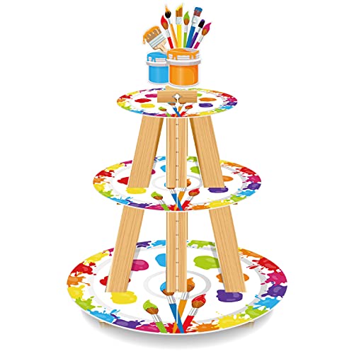 Mumufy 3 Tier Art Paint Party Cupcake Stand Decorations Artist Multicolor Party Cupcake Holder Painting Splatter Cake Dessert Holder for Paintbrush Birthday Baby Shower Supplies