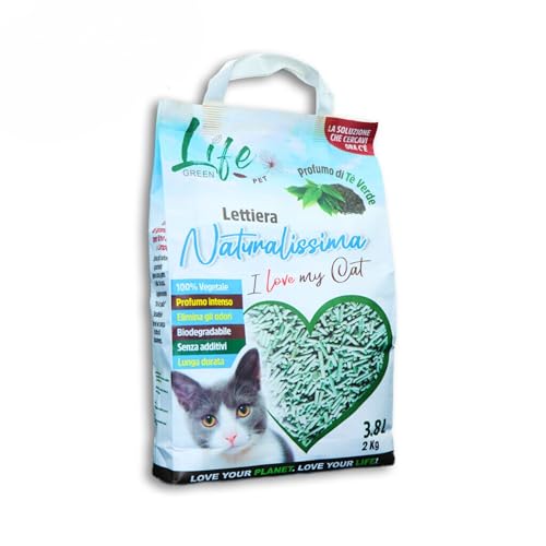 LifeGreen Lettiera Naturalissima per gatti 2 kg Tè Verde, con Fibra di Pisello e Amido di Mais, Vegetale, Biodegradabile, Agglomerante 3.8L, Elimina odori