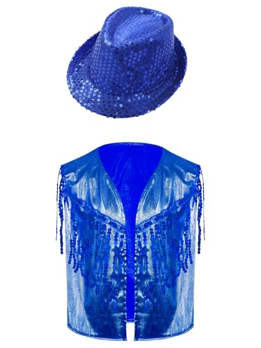 Kid Girls Sparkly Metallic Fringe Vest Boys Sleeveless Open Front Waistcoat with Sequin Hat for Jazz Dance3