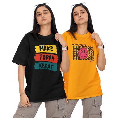 Image of Reifica 100% Pure Cotton Printed Half Sleeve Oversized Tshirts for Women Combo Pack of 2