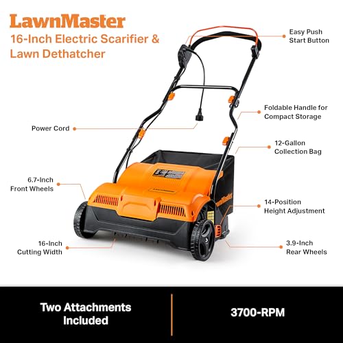 Image of LawnMaster GVB1316 Electric 16 inch 13 Amp Dethatcher and Scarifier with 12 Gallon Collection Bag