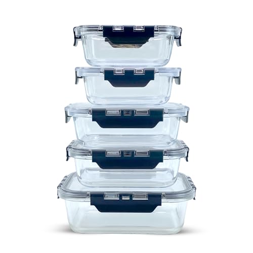 KINFIL Glass Food Storage Containers with Lids, 5-Piece Set – Airtight, Leakproof, Oven & Freezer Safe, BPA-Free