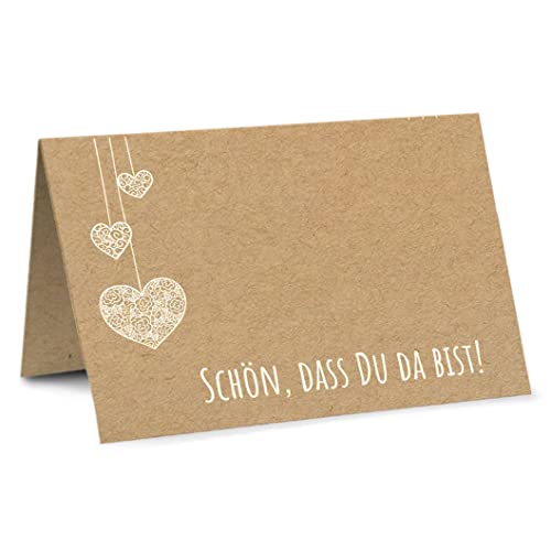 Partycards 50 Tischkarten Hochzeit, Tischkarten Geburtstag Format DIN A7 Weiße Hängende Herzen - Platzkarten Kommunion, Namensschilder Konfirmation, goldene Hochzeit, Schön dass du da bist