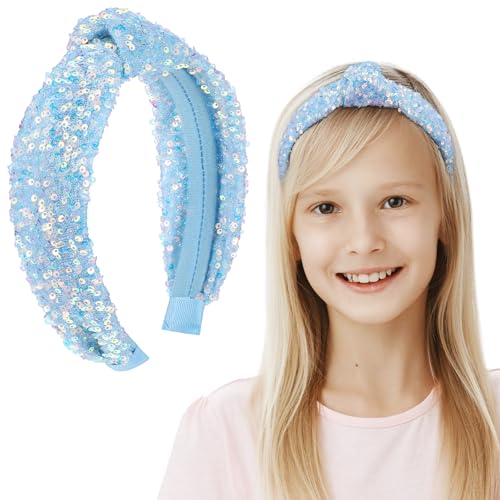 Molain Diadema anudada de lentejuelas, diademas anudadas con arco iris, diademas iridiscentes brillantes para niñas, accesorios para el cabello para niñas y niños (azul)