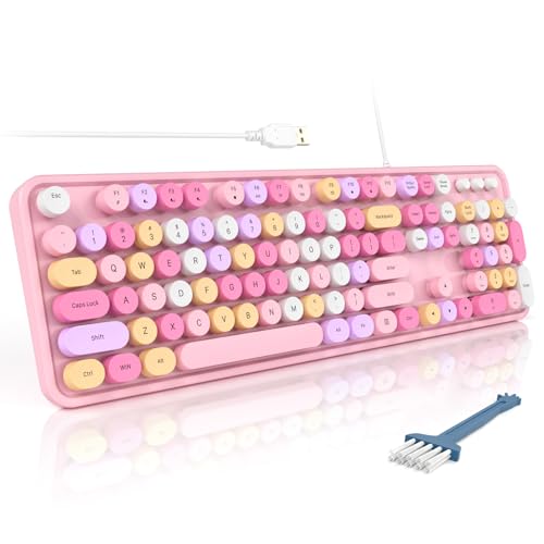 Image of MOFII Wired Full Size USB Keyboard, Colorful Retro Round Typewriter Keyboard with Foldable Stands for Windows PC Laptop (Pale Pink)