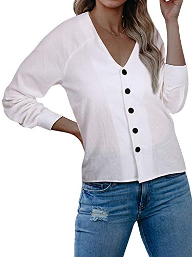 Ezcosplay Women V Neck Button Down Shirts Long Sleeve Solid Color Tops Blouse White