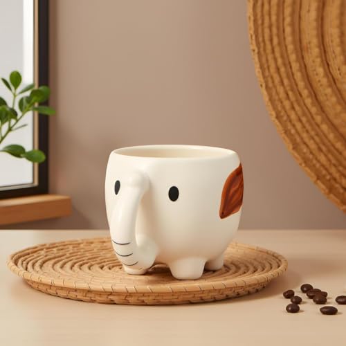 Image of Elephant Shaped Ceramic Coffee Mug - Cute White Animal Mug with Trunk Handle & Brown Ear Detail | Unique Tea Milk Cup for Kids Adults | Aesthetic Novelty Mug for Home Office & Gifting
