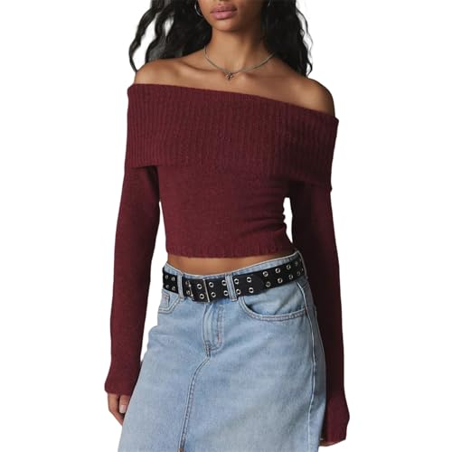 Image of Women Off The Shoulder Sweater Y2k Long Sleeve Boat Neck Knit Cropped Pullover Tops Fall Trendy Going Out Streetwear