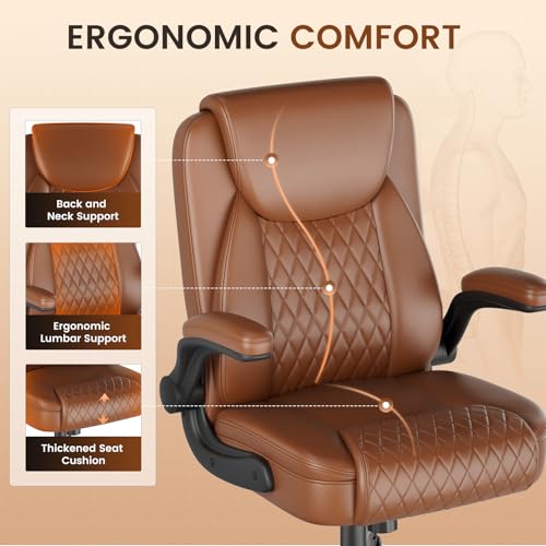 Image of GTPLAYER Leather Office Chair, Home Desk Chair with Flip-up Arms and Ergonomic Back - Comfy Heavy Duty Executive Chair for Home Office Gaming, Brown