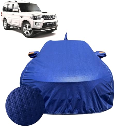 Image of Car Cover for Mahindra Scorpio (2014-2021) | 100% Waterproof Cover with Antenna & Reflective Mirror Pockets | Dustproof, Scratchproof, Heatproof Scorpio Car Cover |Soft Cotton Lining| Blue