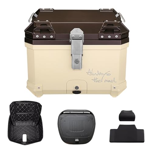 QIYAONUOトップケース バイク リアボックス 45L大容量 取り付けベース付き 着脱も簡単 旅行 キャンプ 防水バイク用リアボックス バックレスト付き (チョコレート・オイスターホワイト)