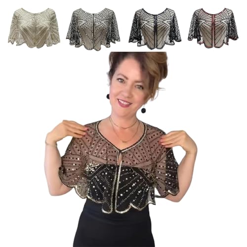 Vintage Lace Beaded Shawl, 1920s Sequin Lace Mesh Handmade Wraps Party Wedding Evening Dresses for Women