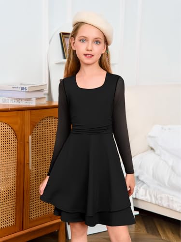 Haloumoning Girls Mesh Long Sleeve Dress Kids Square Neck Ruched Waist Double Layered Party Dance Dresses 5-14Y4